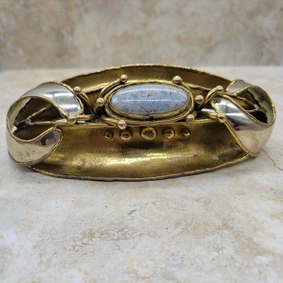 Signed Luciano Huge Belt Buckle Brutalist Brass Silver Modernist - Picture 4 of 11